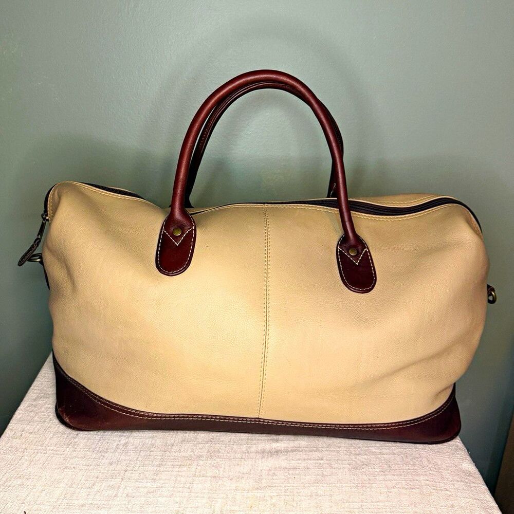 Latico Leather Duffle Bag Beige/Brown Solid Zip Closure Carry Handles 18"